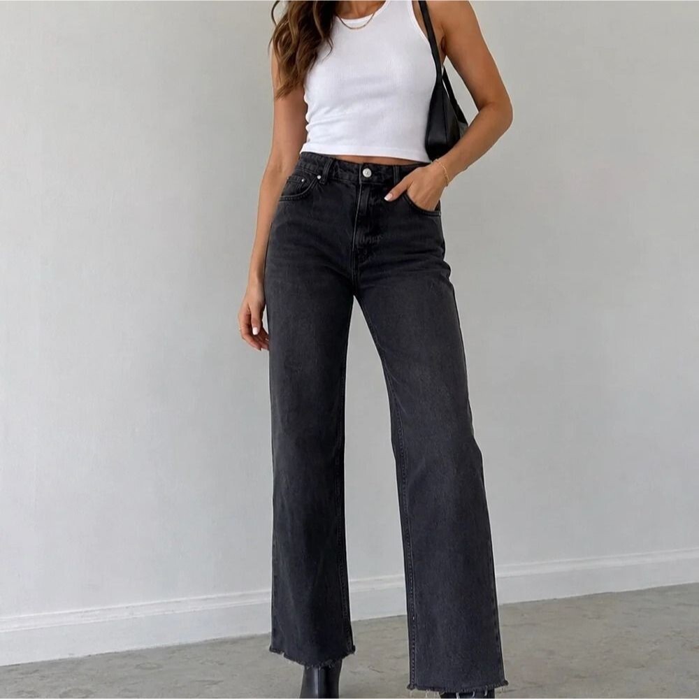 Zara High Rise Wide Straight Leg Jeans Washed Black Relaxed Fit Size 27
